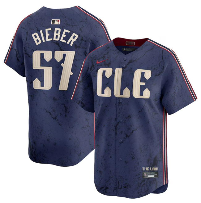 Youth Cleveland Guardians #57 Shane Bieber Navy 2024 City Connect Limited Stitched Baseball Jersey
